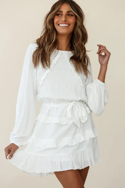 Dusk Long Sleeve Waist Tie Frill Dress White