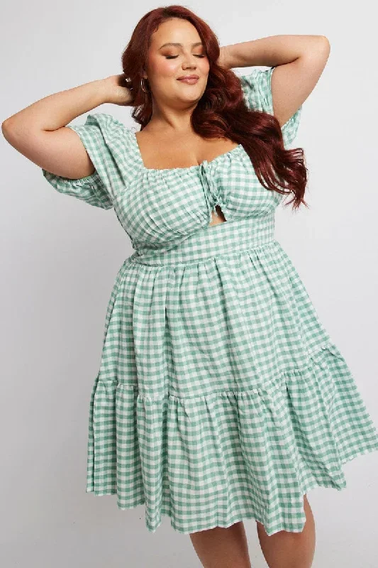 Green Check Fit and Flare Dress Short Sleeve Tiered