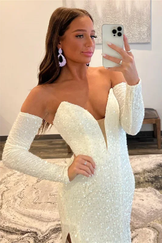 ivory-sequins-deep-v-neck-sleeves-long-prom-dress-with-slit