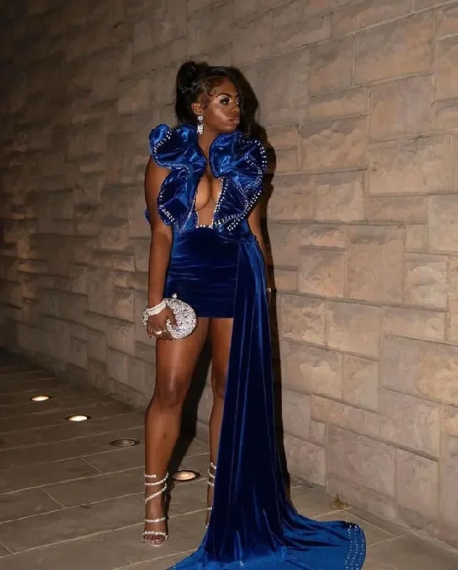 King Blue Short Prom Homecoming Dress with Train Ruffles Shoulder Black Girl Birthday Gown vestidos de graduación