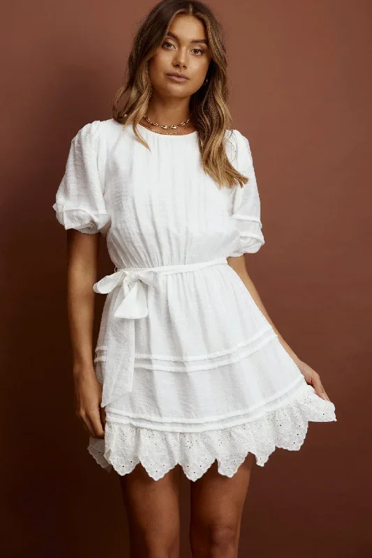 Laiken Waist Tie Pintuck Dress White