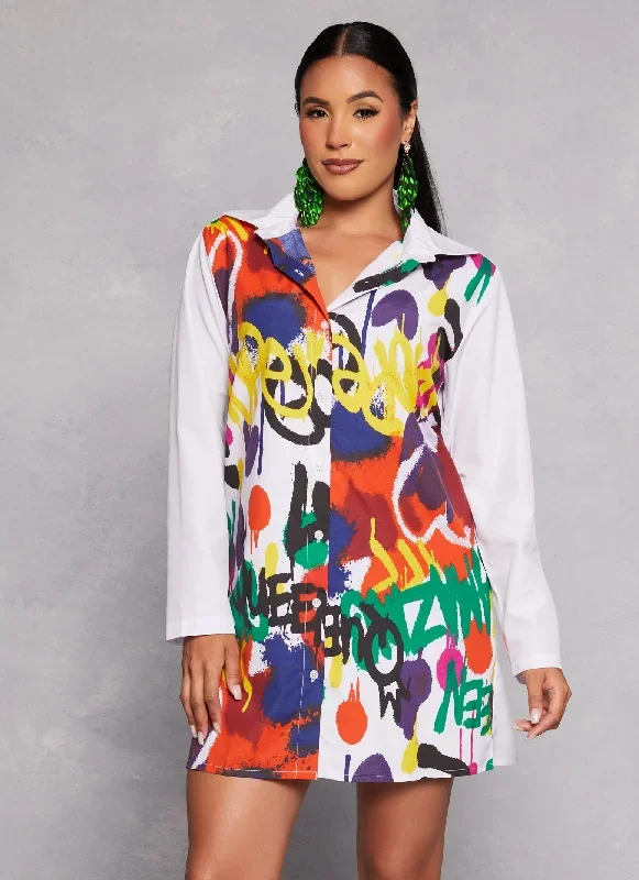 Graffiti Print Color Blocked Shirt Dress