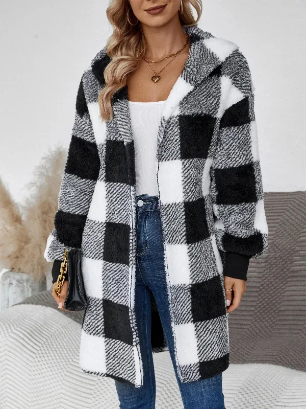 New fashionable hooded color-blocked plaid loose ribbed plush elegant jacket