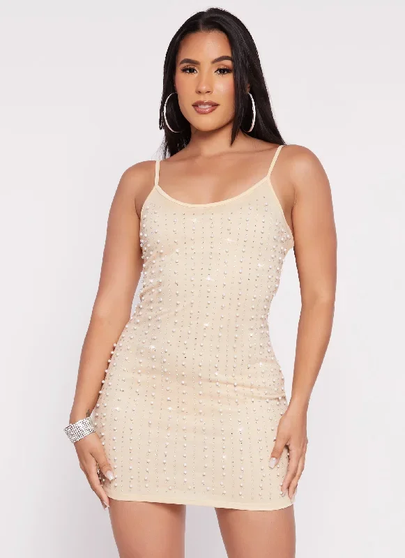 Rhinestone Studded Faux Pearl Cami Dress