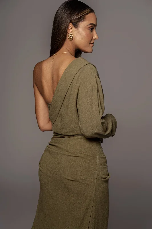 olive-evita-linen-draped-dress