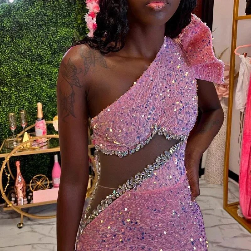 pink-beaded-sequins-evening-dress-one-shoulder-sleeve-celebrity-prom-party-red-carpet-gown-black-girl-formal-homecoming-robe