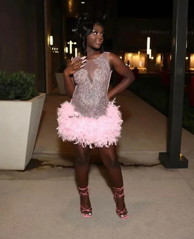 pink-short-prom-homecoming-dress-for-black-girl-sparkly-crystal-feather-sheer-mesh-birthday-celebrity-gown-kleider-damen