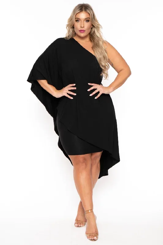 Plus Size Asymmetric Draped Dress - Black