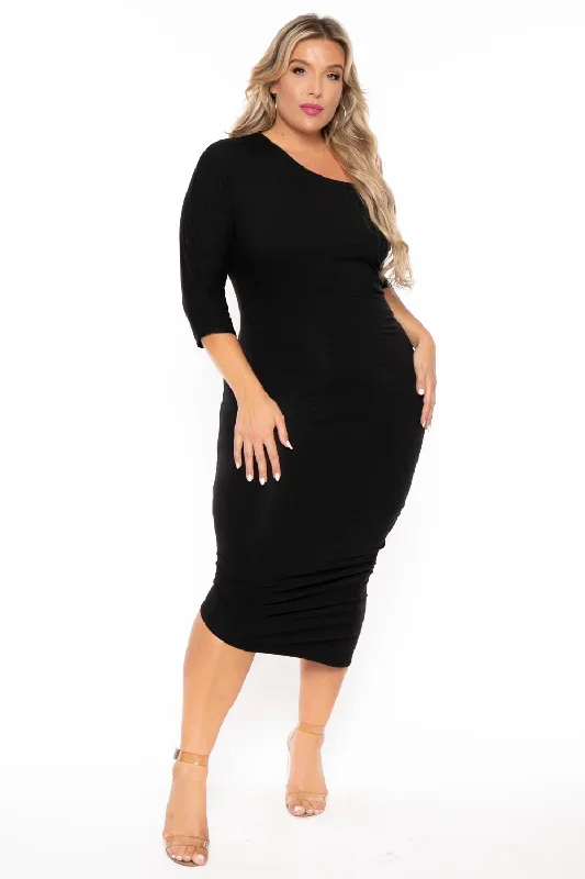 Plus Size Asymmetric Knit Dress - Black