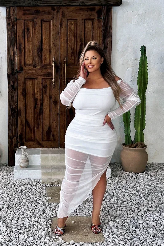 Plus Size Danica  Asymmetric Mesh Dress - White