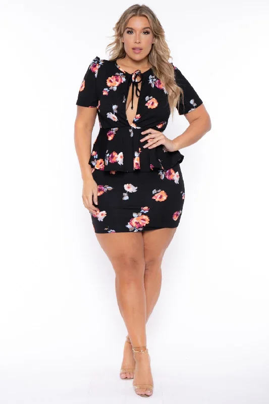 Plus Size Floral Peplum Dress  - Black