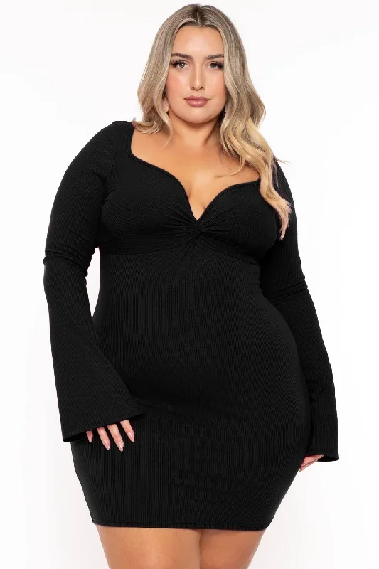 Plus Size Karem Front Twist Ribbed Dress - Black