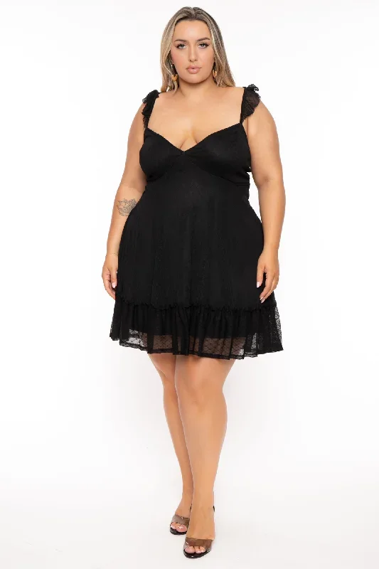 Plus Size Nellie Lace Mesh Ruffle Flare Dress - Black