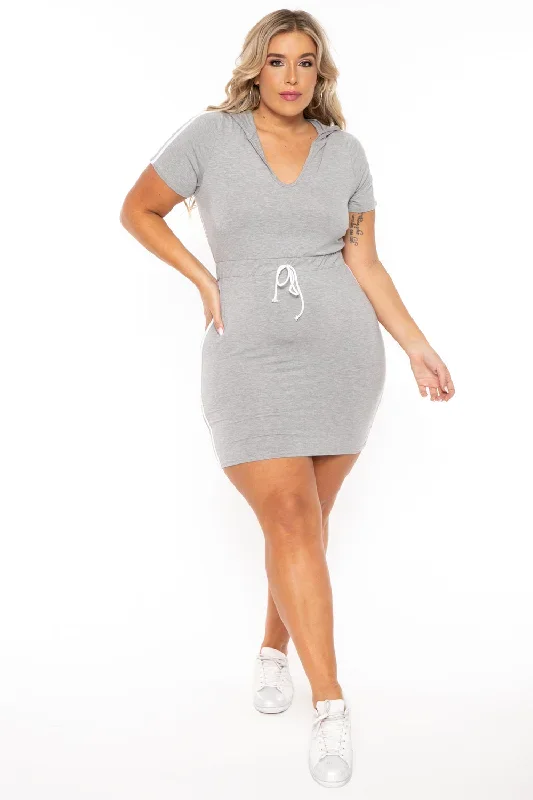 Plus Size Sporty Varsity Stripe Hoodie Dress -  Heather Grey