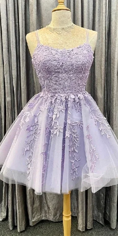 princess short lavender A-line lace appliqued homecoming dress party dress