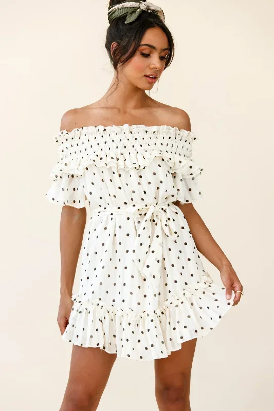 Rita Shirred Off-Shoulder Dress Polka Dot Print White