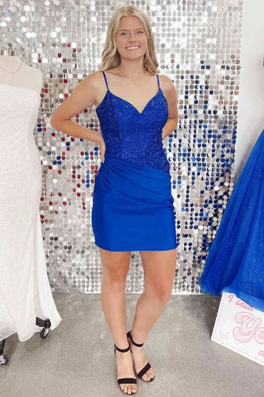 Sequined Top Royal Blue Ruched Tight Homecoming Dress