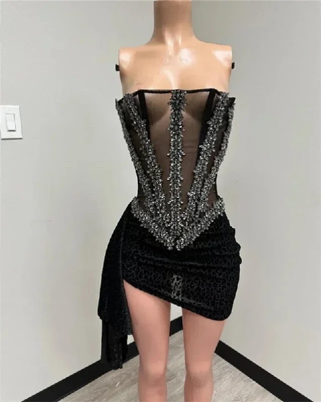 Sexy Strapless Short Prom Dresses For Black Girls Beaded Birthday Party Dress Crystal Mini Cocktail Homecoming Robe De Bal