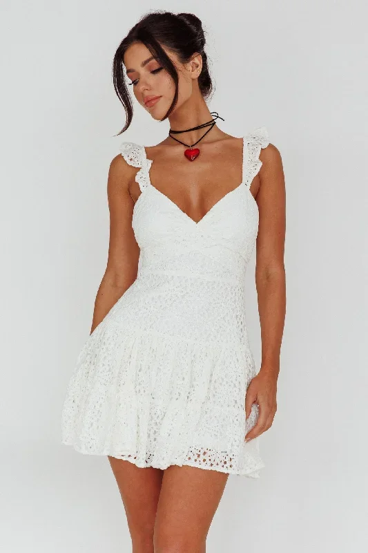 Short Notice Ruffle Strap Lace Mini Dress White