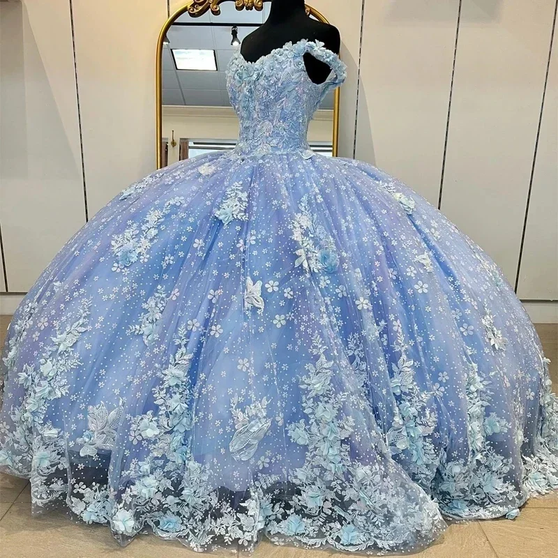 Sky Blue Quinceanera Dresses Sleeveless Crystal Sequined Ball Gown Off The Shoulder 3D Flowers Tull Corset Vestidos Para XV 15