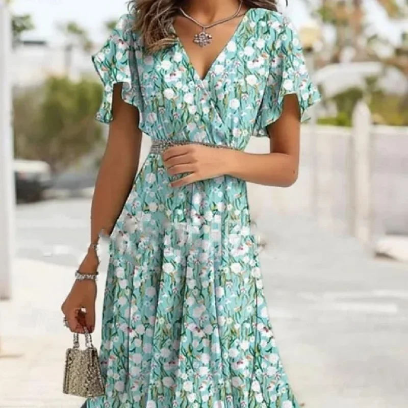 Summer Sweet Wind Ruffled V-neck Printed Waist-controlled Dress