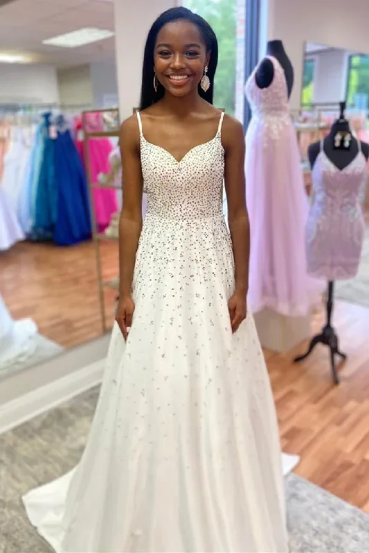 White Beaded Queen Anne Cutout Back A-Line Prom Gown