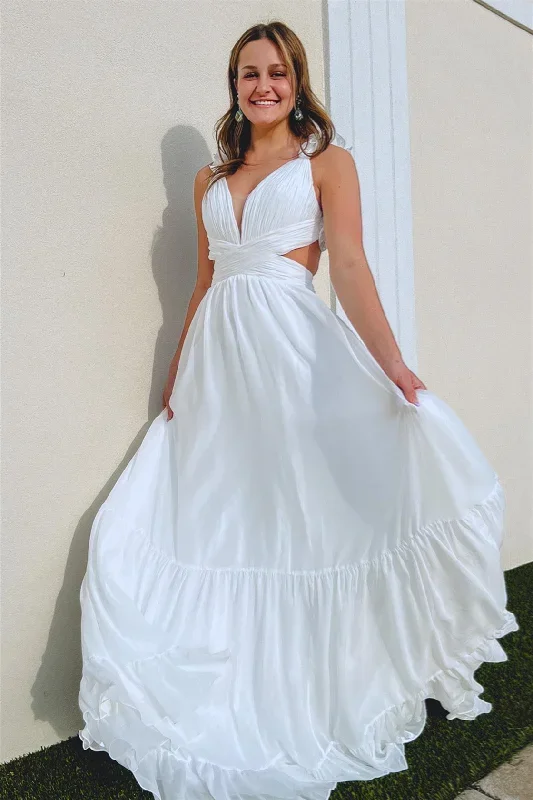 white-ruffle-straps-pleated-cut-out-deep-v-long-prom-dress