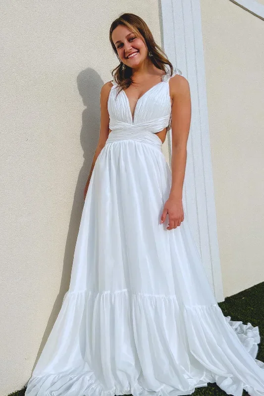 white-ruffle-straps-pleated-cut-out-deep-v-long-prom-dress