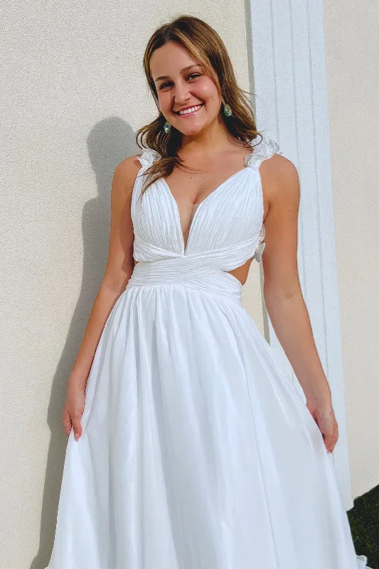 white-ruffle-straps-pleated-cut-out-deep-v-long-prom-dress