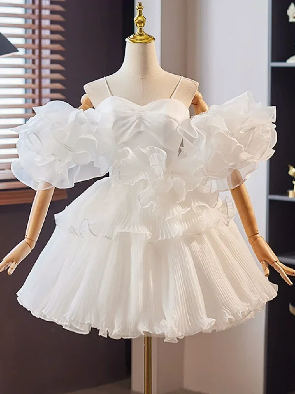 White Sweetheart Neck Organza Short Prom Dress, White Homecoming Dress