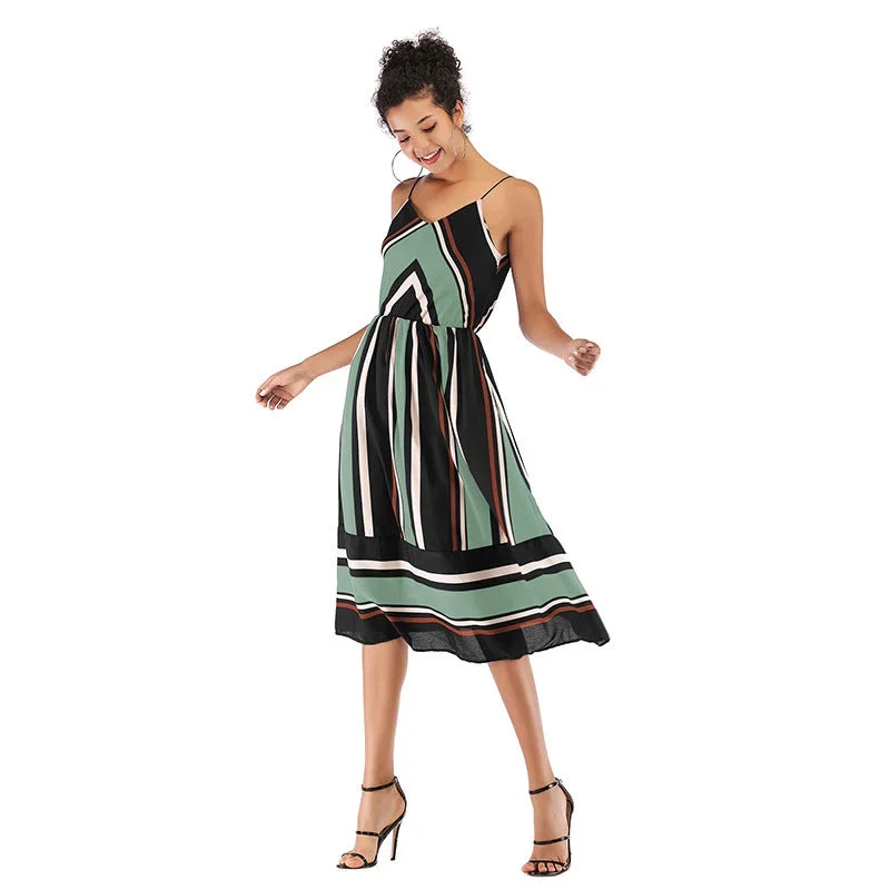 Women's European And American Striped Big Swing Dress Irregular Chiffon Dress