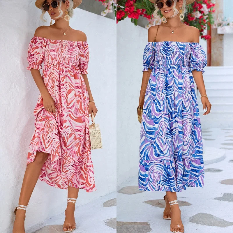 Women's Off-shoulder Smocking Printed Dress