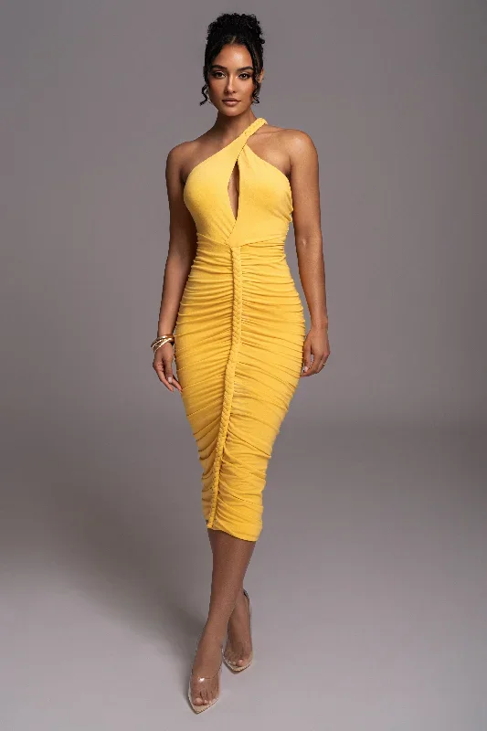 yellow-jess-ruched-midi-dress