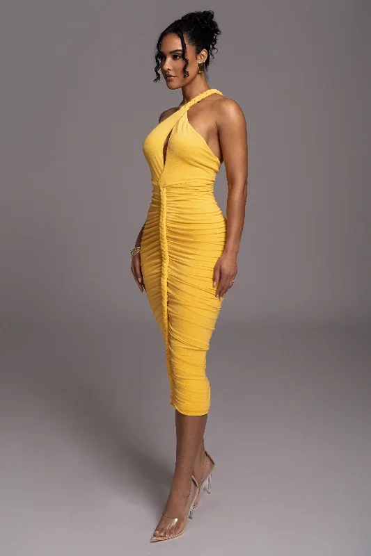 yellow-jess-ruched-midi-dress